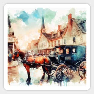 Artist illustration of an idealist town from the horse and buggy days. Magnet